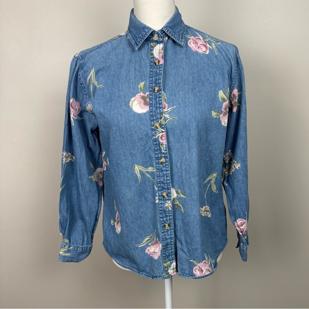 Vtg Casey & Max Med Long Sleeve Floral Button Down 100% Cotton Denim Grandmacore